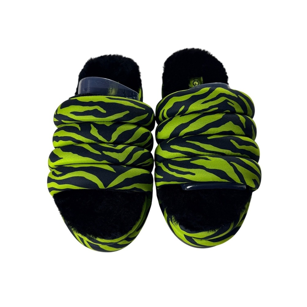 UGG Maxi Slide Tiger Print Key Lime Black Puffy Platform Sandals Womens 8
